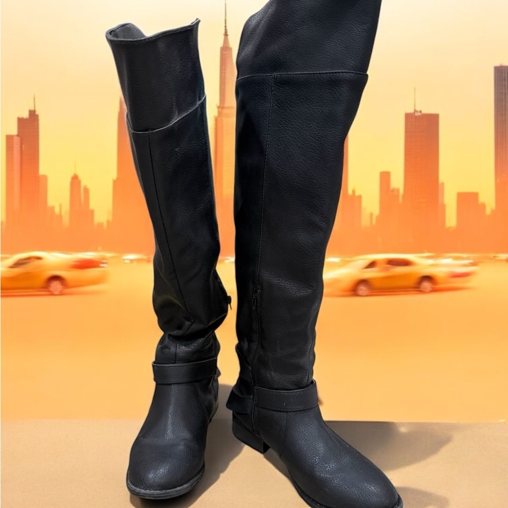 Black Faux Leather Wife Calf Over Knee-High Boots